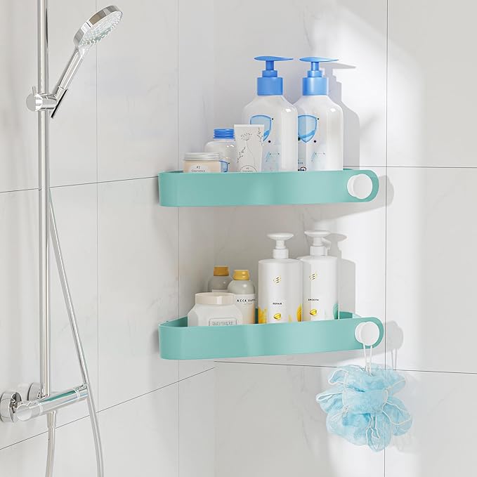 Sotfamily Shower Caddy Corner, 2 Pack Adhesive Corner Shower Shelves for Bathroom Organizers and Storage, Rust Free Plastic Rack for Bathroom Accessories & Decor, Turquoise