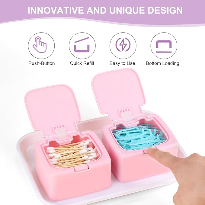 JGB 2 Packs Floss Pick Holder Container With One-Touch Opening, Quick Refill For Qtip, Cotton Swabs, Balls, Pads - Reusable Square Dispenser Box For Home, Hotel, Office Organizers and Storage - Pink