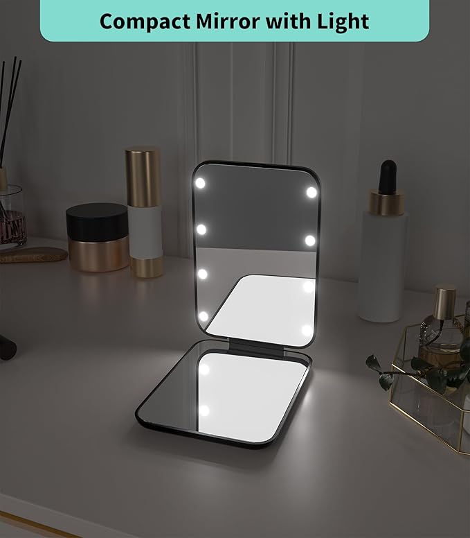 WOBSION Small Mirror with Lights,LED Compact Makeup Mirror,1x/3x Mini Travel Mirror with Magnification,Portable for Purse,Pocket,Gifts for Girls,Black