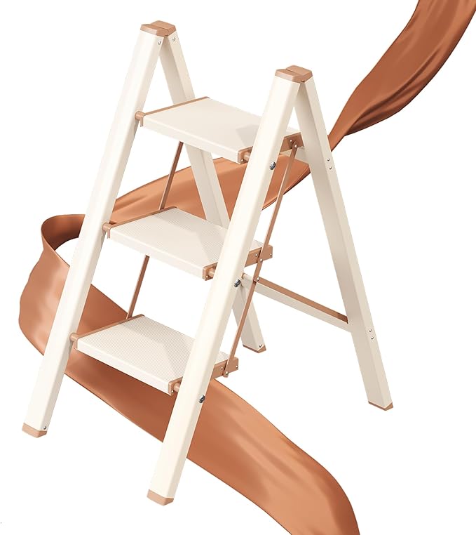 GameGem 3 Step Ladder, Folding Step Stool with Wider Pedal, Anti-Slip Feet & Non Slip Stripes, Aluminum Sturdy Material, 300Lbs Capacity, Elegant Look of Cream Chocolate Better Matches Your Home