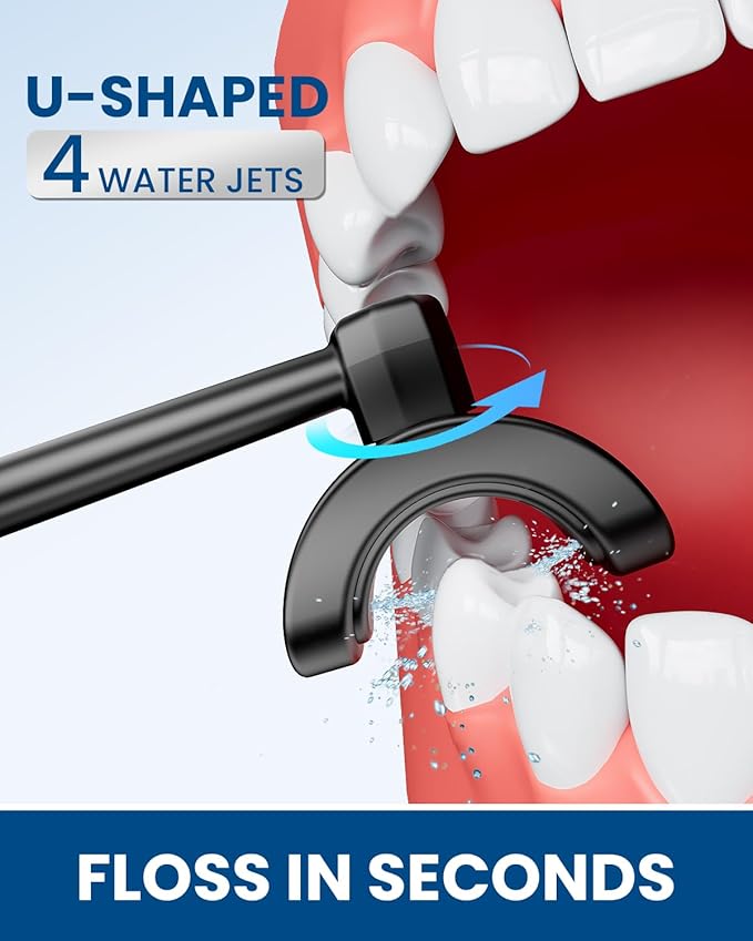 Cordless Water Dental Flosser with 4 U-Shaped Jet – Travel-Friendly, 350ML Larger Tank, 4 Modes & 4 Speeds, 360° Nozzle, Powerful Battery, Cleans Inner/Outer Teeth in One Pass