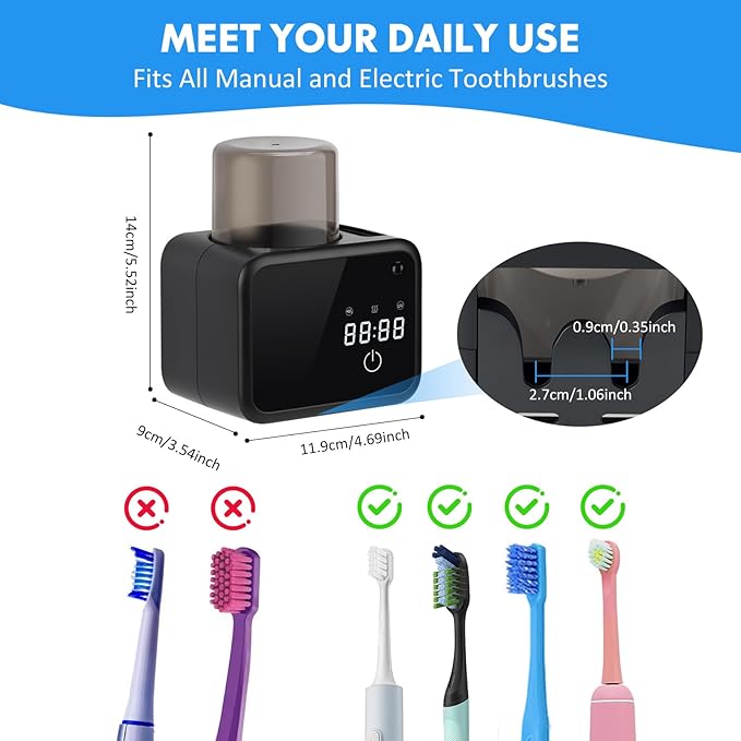 Wall Mounted Toothbrush Cleaning Holder, 2 Slots Toothbrush Cleaner with LED Screen, Timer and Cup, Smart UV Toothbrush Storage with Heating and Fan Drying for Bathroom Organizer & Decor - Black