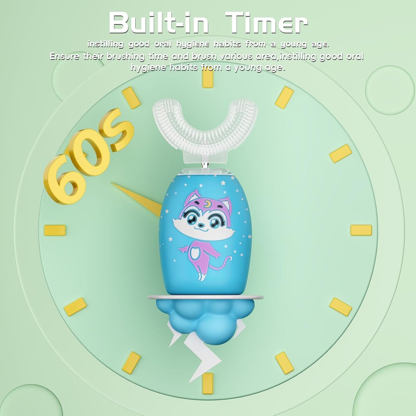 Kids Toothbrush Electric, U Shaped Ultrasonic Automatic Toothbrush with 4 Brush Heads, Two Cleaning Modes, Cartoon Modeling Design for Kids, Age 2-12