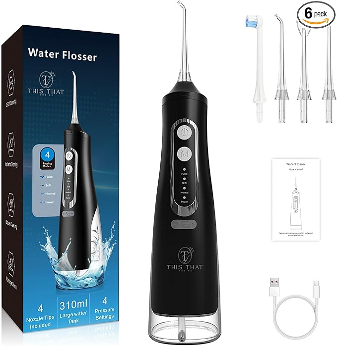 TTFM Electric Dental Water Flosser for Teeth Gums Braces, Dental Portable Oral Flosser, 4 Pressure Modes, 310ml Tank Capacity, Rechargeable IPX7 Waterproof Teeth Cleaner, Home Travel Waterflosser