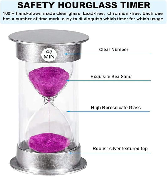 Sand Timer 45 Minute Hourglass Timer, Silver Sand Clock 45 Minutes, Plastic Sand Watch 45 Min, Hour Glass Sandglass Timer for Kids, Games, Classroom, Kitchen, Decorative (45 Min, Purple Sand)