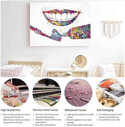 MBARE Watercolor Abstract Art - Tooth Medical Art Print, Toothbrush Dental Clinic Decor Gift Toothpaste Dentist Dentistry Office Dental Hygienist - 12"X18" Canvas Print With Frame