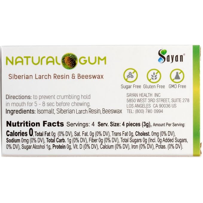 Sayan Sugar-Free All Natural Siberian Larch Tree Resin and Beeswax Chewing Gum – 6 Packs (96 Pieces) for Fresh Breath – Vegetarian, Non-GMO, Gluten Free, Aspartame Free, No Preservatives