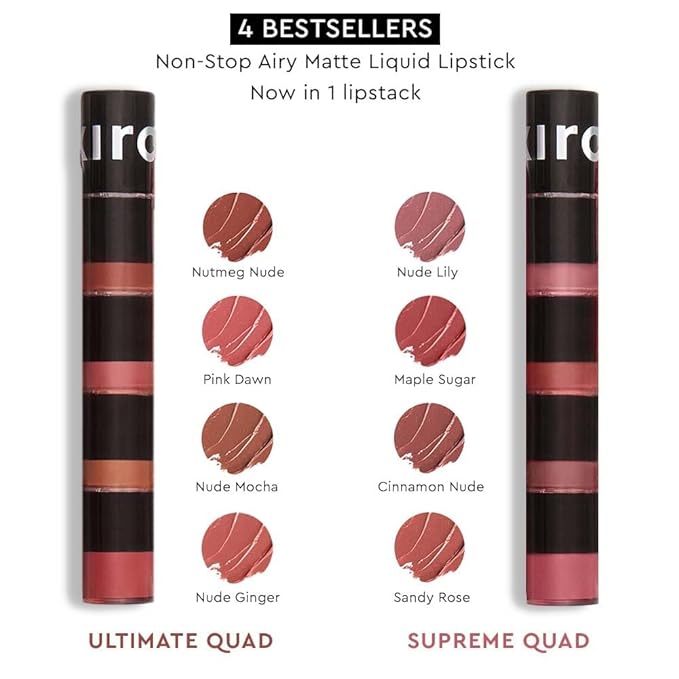 KIRO Four Play Non-Stop Airy Matte Liquid Lip Stack | Supreme Quad | 4 Nude Lipstick Shades | Long-Lasting, Transferproof & Hydrating | Lightweight & Skincare-Infused with Avocado & Apricot Oils | 6ml