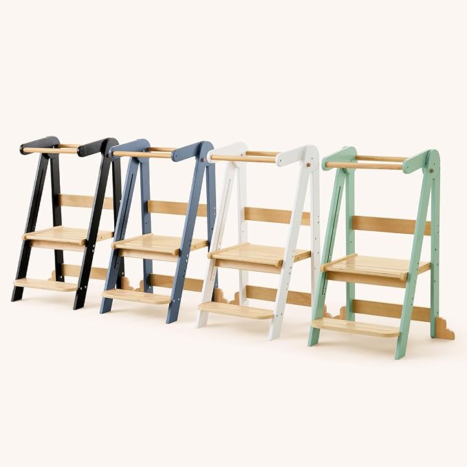 HARPPA Nordi Foldable Toddler Kitchen Tower, Montessori Kitchen Stools Helper, Standing Tower with 3 Adjustable Heights, Suitable Age for 2-6 Years, Sage