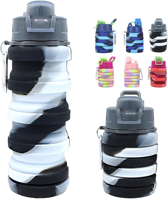 Silicone Collapsible Water Bottles, 16oz Portable Foldable Expandable Water Bottle Sports Cups, Leak Proof Reusable BPA Free, for Outdoor Activities Travel(Black white)