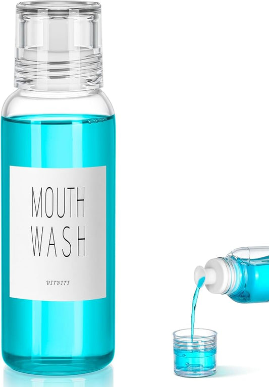 VITVITI Glass Mouthwash Dispenser for Bathroom, 10 OZ Mouth Wash Container Bottle with Lid Cup, Countertop Small Clear Refillable Mouthwash Dispensers Decanter (White)