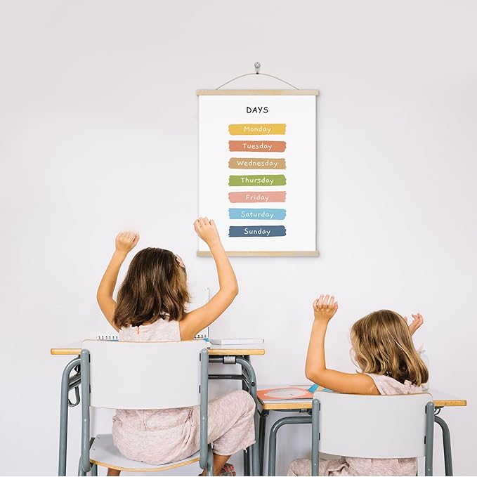 YOUHONG Classroom Decor Educational Posters Classroom Wall Art Kids Wall Art Learning Posters with Wooden Rods - Toddler Room Decor for Preschool, Homeschool (Easy Hang Rope Included) - 12x15.7 Inch