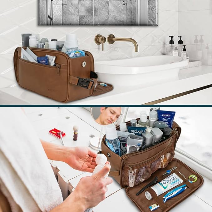 PAVILIA Toiletry Bag for Men, Travel Essentials Shaving Dopp Kit, Mens Travel Bag Toiletries Organizer Case for Grooming, PU Leather Water Resistant Cosmetic Bag Pouch (XL, Brown)