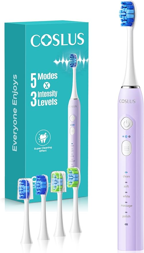 COSLUS Sonic Electric Toothbrush for Adults & Kids: 3 Intensities 5 Modes Gum-Friendly for Deep Cleaning & Whitening - 2 Types of Heads for Family, Sensitive Teeth, Braces, Travel & Home Use, Purple