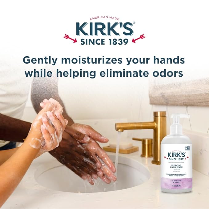Kirk's Hydrating Hand Wash - Made with Coconut Oil and Aloe Vera, With Odor Neutralizing Technology To Help Eliminate Odors, Non-GMO, Vegan, Rosemary & Sage, 12 Fl Oz. 4 pack