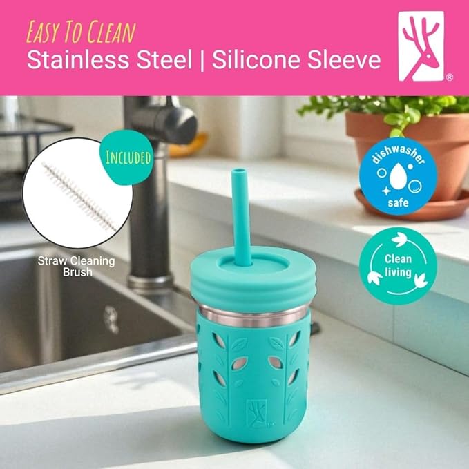 Elk and Friends 14oz Stainless Steel Kids + Toddler Drinking Cups | The Original Mason Jar with Sleeves + Lids | Silicone Straws | Smoothies | Storage Jar | Spill Resistant | Dishwasher Safe | 2 Pack