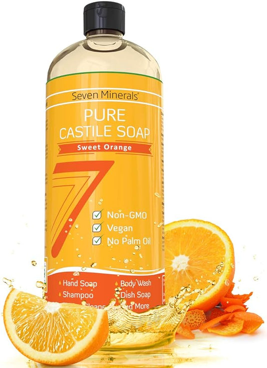 Seven Minerals Pure Castile Soap, Sweet Orange - No Palm Oil, GMO-Free - Gentle Liquid Soap For Sensitive Skin & Baby Wash - All Natural Vegan Formula with Organic Carrier Oils (33.8 fl oz)