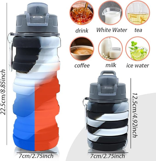 Silicone Collapsible Water Bottles, 16oz Portable Foldable Expandable Water Bottle Sports Cups, Leak Proof Reusable BPA Free, for Outdoor Activities Travel(Black white)