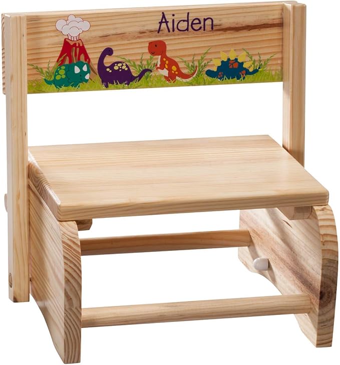 Custom 2-in-1 Children's Step Stool and Chair, Customized with Kid’s Name, Dinosaur Design