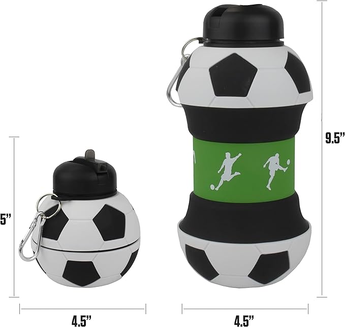 Maccabi Art Clip-On Collapsible 1 Liter, 34 oz. size BPA-Free Silicone Soccer Ball Large Water Bottle for Kids