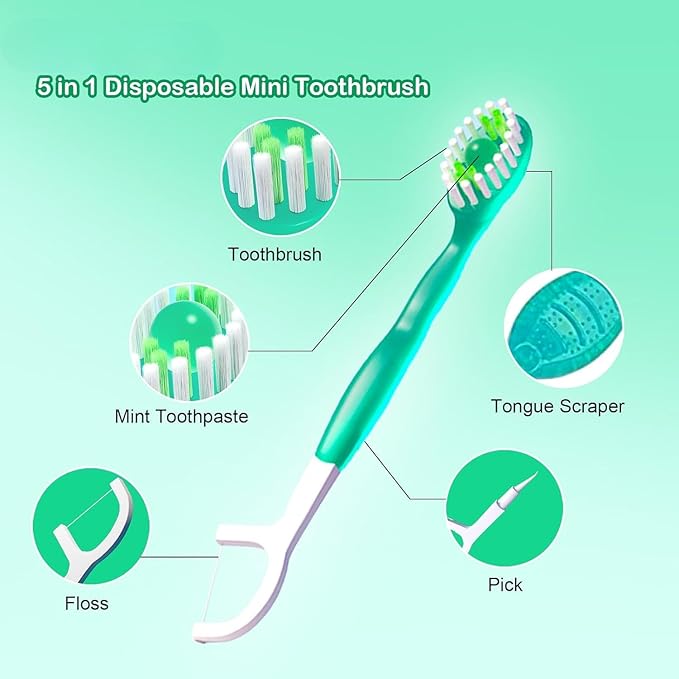 Mini Toothbrush Disposable with Toothpaste,Tongue Scrapers,Floss and Pick.Travel Tooth Brush Pack for Work or Travel.Individually Wrapped, 10 Count, Mint and Three Other Fruit Flavors