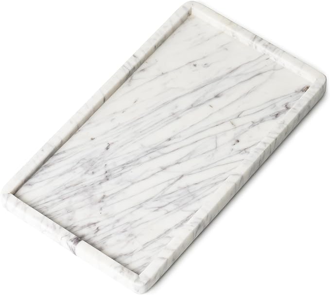 Cork & Mill Marble Tray for Bathroom Countertop, Kitchen Counter, or Catchall - 13" x 7½" Large Vanity Tray for Skincare or Perfume - Handcrafted Natural White Marble Stone Organizer