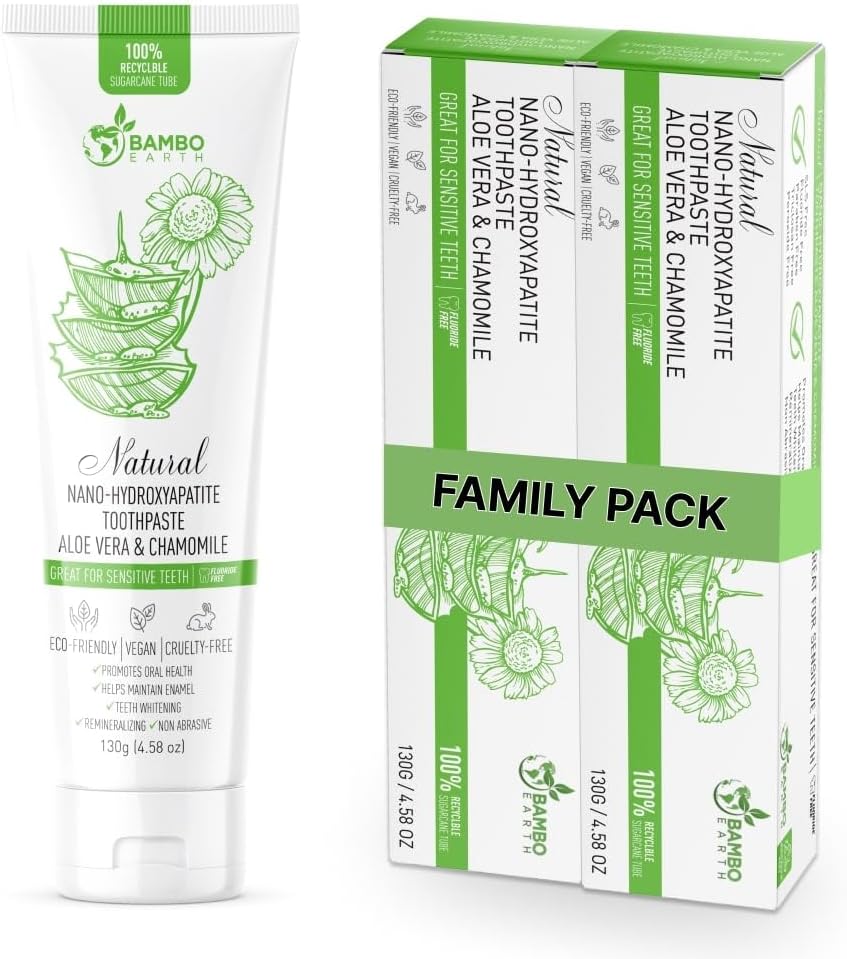 Natural Fluoride Free Toothpaste - Nano Hydroxyapatite, Remineralizing, Sensitive Teeth, Whitening & Zero Waste Tube - Dentist Recommended for Adult & Kids Oral Aloe Vera & Chamomile (2 Pack, Aloe)