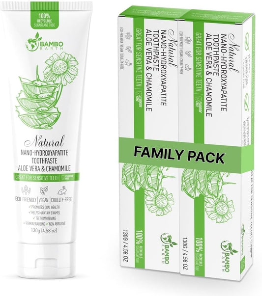 Natural Fluoride Free Toothpaste - Nano Hydroxyapatite, Remineralizing, Sensitive Teeth, Whitening & Zero Waste Tube - Dentist Recommended for Adult & Kids Oral Aloe Vera & Chamomile (2 Pack, Aloe)
