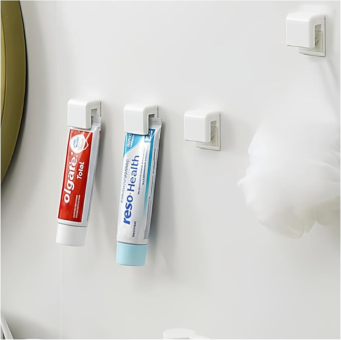 4 Pack Toothpaste Holder by JM.JEEMI, Toothpaste Clips for Bathroom, Tooth Paste Organizer Holder Gripper for Face Cream Tubes with 1 Toothpaste Squeezer - Wall Mounted, White, Small