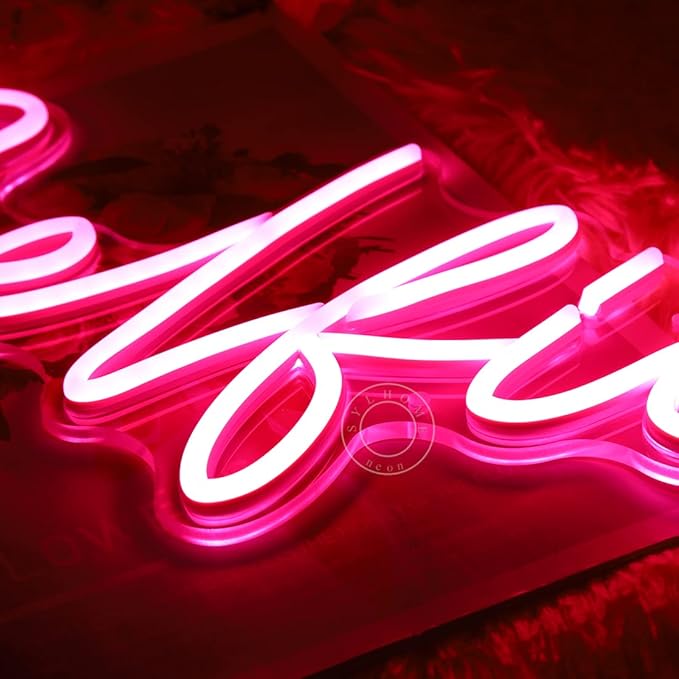 SYLHOME Selfie Pink LED Neon Light Sign Cute Makeup Girls Bedroom Light Up Mirror Wall Decor Sign Photo Studio Boys Kids Room Birthday Party Decor USB 15.2" X 7.1"
