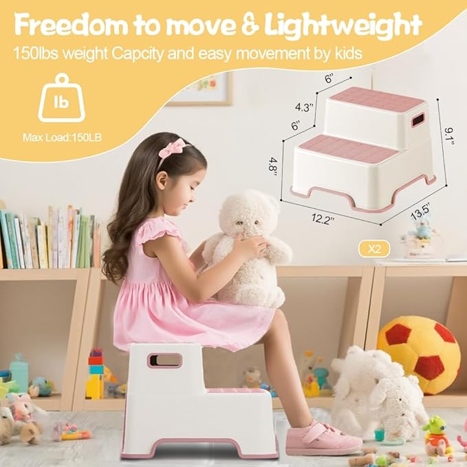 Toddler Step Stool for Bathroom Sink, 2 Pack Step Stool for Kids, Plastic Potty Training Toilet Stepping Stools, Child and Baby Lightweight&No-Slip Two Step Stools for Kitchen(Off-White/Pink)