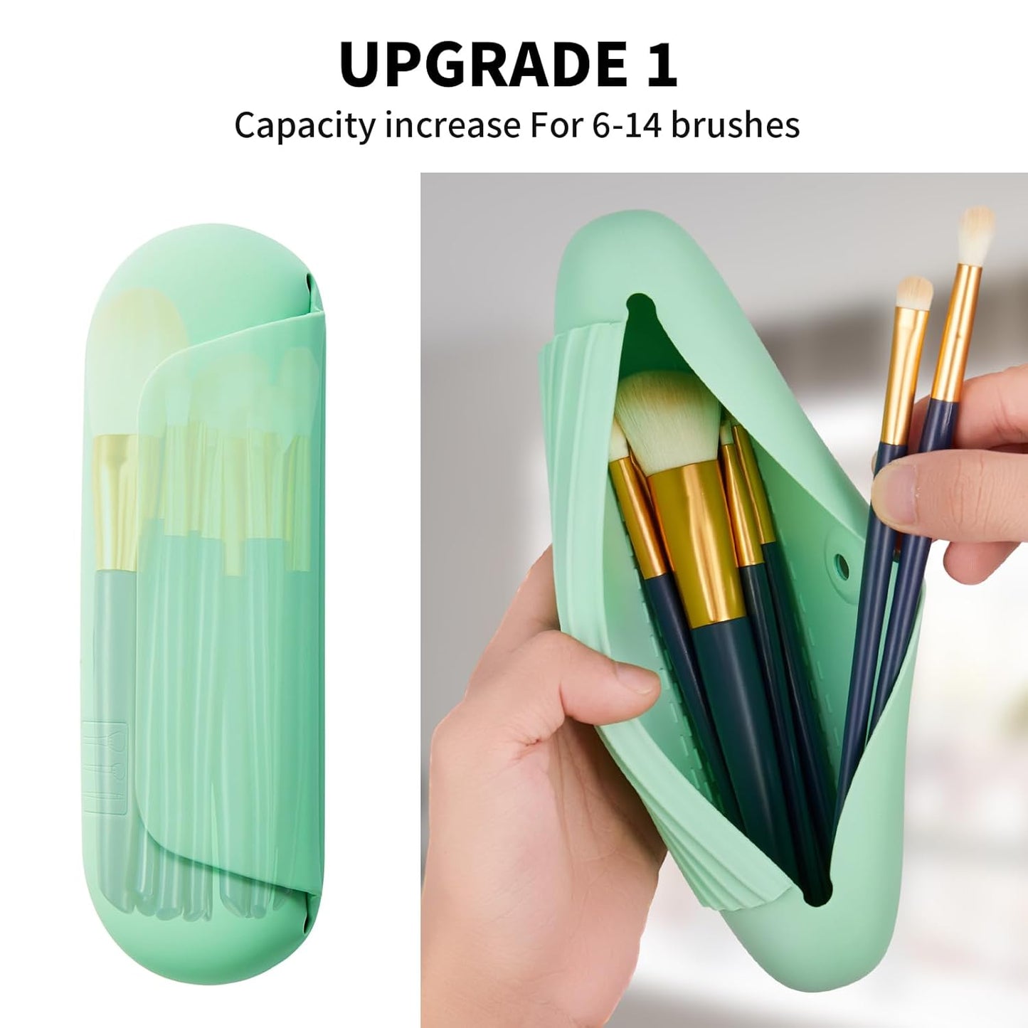 Silicone Makeup Brush Holder Travel Cosmetic Bag：Soft Portable Cosmetic Face Brushes Holder with Upgrade Anti-Fall Out Magnetic Closure, Large Travel Makeup Brush Case - Green