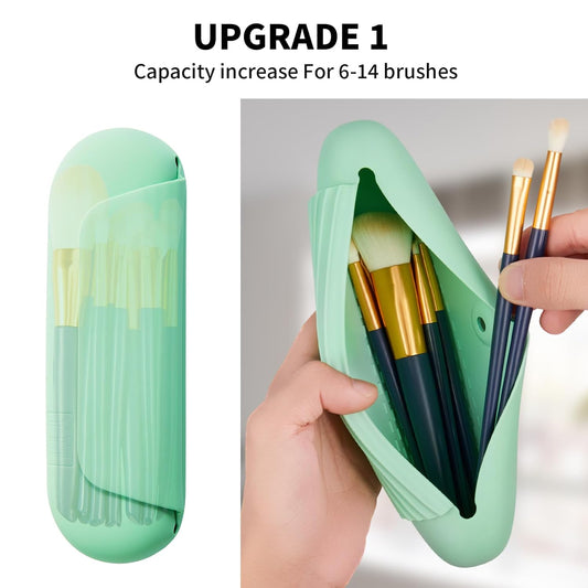 Silicone Makeup Brush Holder Travel Cosmetic Bag：Soft Portable Cosmetic Face Brushes Holder with Upgrade Anti-Fall Out Magnetic Closure, Large Travel Makeup Brush Case - Green