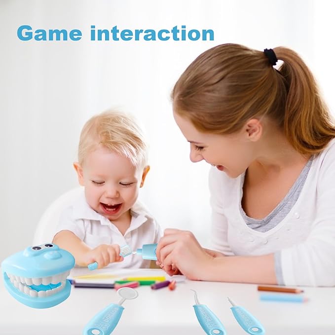 9-Piece Dental Pretend Play Set, Educational Dentist Play Kit with Teeth Model, Toothbrush, Dental Mirror, Syringe, Toothpaste, Tray, and Dental Tools, Fun Pretend Play Doctor Kit for Kids (Blue)