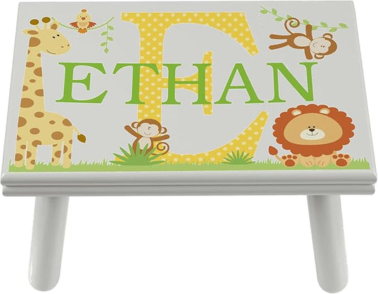 Let’s Make Memories Personalized My Own Name Step Stool - Children’s Step Stool - Sturdy Wood – Non-Toxic Paint, Sealer - Jungle Design - Gray - 14’Wx9.25”Lx8.75”H - Ages 3+