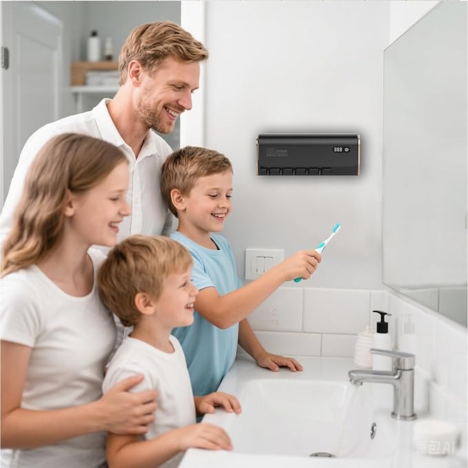 Toothbrush Holder for Bathrooms, Timer Function & 5 Toothbrush Slots Rechargeable Cordless Wall-Mounted Toothbrush Holder with Drying Functions, No Drilling(Black)