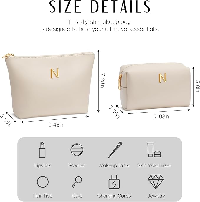 Women Gifts | Initial Makeup Bag Set for Girl Personalized Gifts for Bridesmaid Friend Graduation Teachers PU Leather Cosmetic Travel Toiletry Bag(Beige,N)