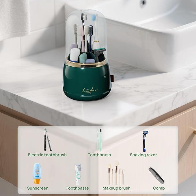 Toothbrush Holders for Bathrooms, Rotating 7 Slots Toothbrush Holder with Cover, Kids Electric Toothbrush and Toothpaste Holders for Caddy for Bathroom Vanity, Sink, Countertop, Dark Green