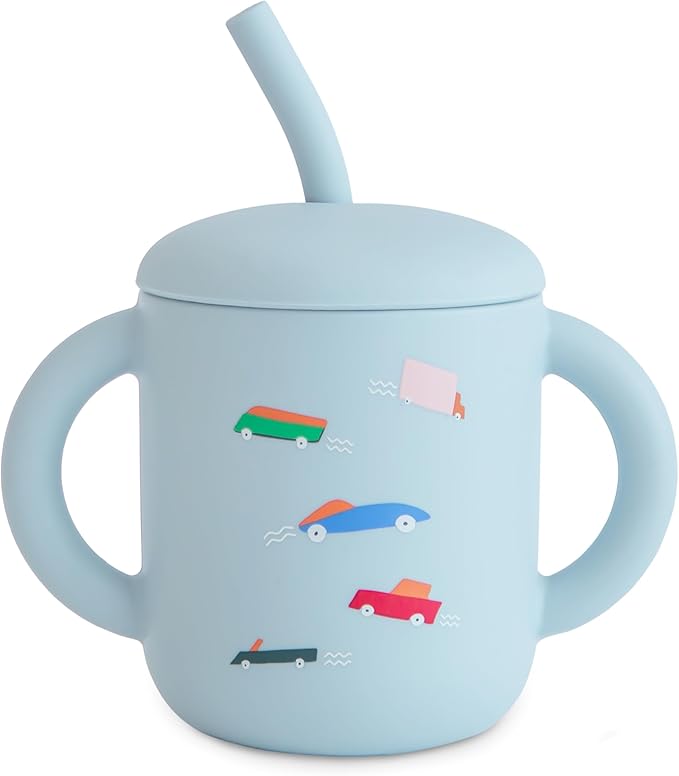 mushie 100% Silicone Training Cup & Straw for Toddlers | 6 Months+ (Retro Cars)