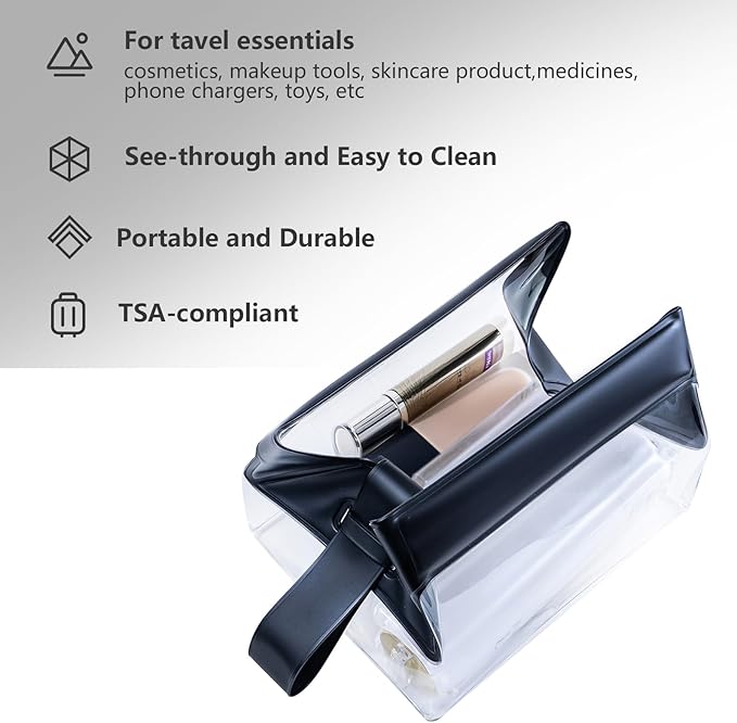 TSA Approved Clear TPU Toiletry Bag with Magnetic Closure Leak Resistant Makeup Bag Cosmetic Pouch Dopp Kit Travel Essentials Bag Magnetic Travel Container Organizer Pouch (Black)