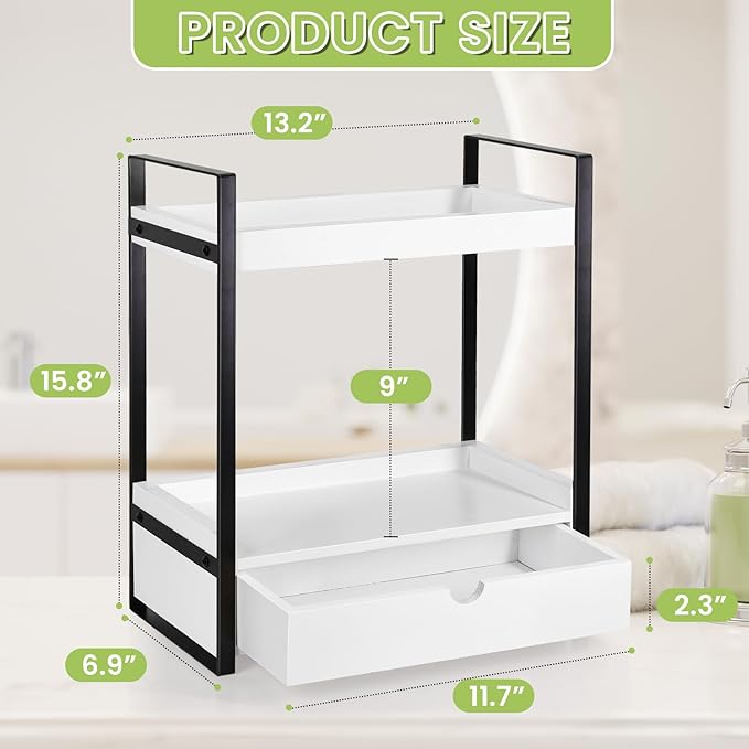 2-Tier Bathroom Organizer Countertop with Drawer, Wood Counter Shelf for Storage, Vanity Tray for Bathroom Organization and Decor, Countertop Organizer for Kitchen, Office (White)
