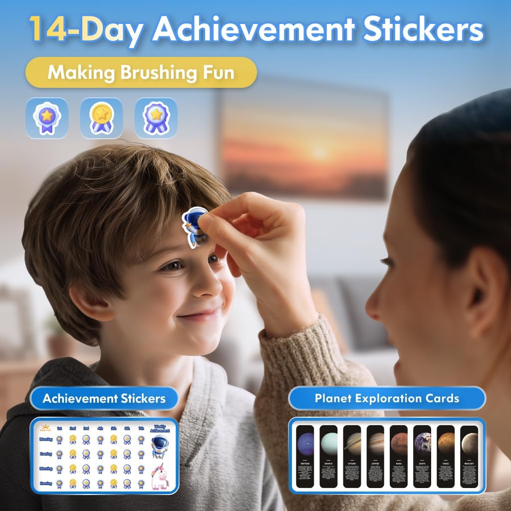 Kids Electric Toothbrush Rechargeable Age 3-5-6-12-18 Year Old, Sonic Toothbrush Kids with Timer 3 Modes 4 Vibrating Heads Habit Stickers Tooth Brush for Girls Boys and Childrens (Astronaut Black)