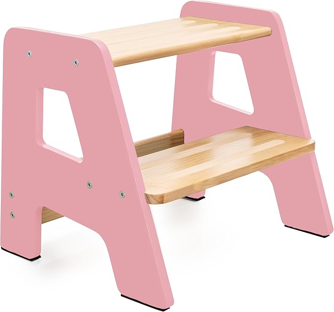 OCODILE 2-Step Wooden Step Stool for Toddlers | Kids Stool for Bathroom Sink & Kitchen Use | Non-Slip Step | Wooden Stool for Children Ages 2+ Years Pink