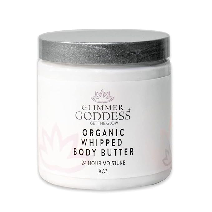 Glimmer Goddess Organic Whipped Body Butter for Women - Moisturizer Cream with Shea & Cocoa Butter, Almonds & Coconut Oil - Citrus Mango, 8oz