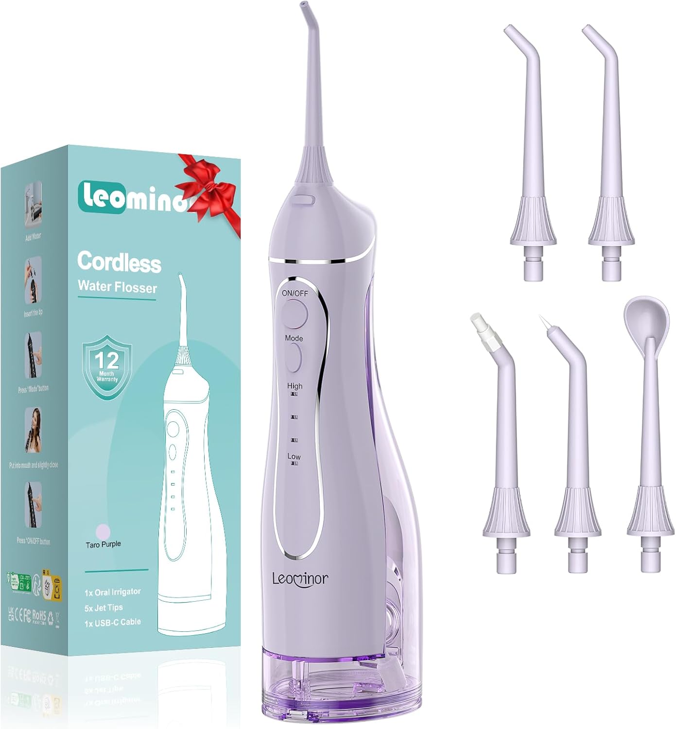 Leominor Water Dental Flosser Pick for Teeth, 300ML Portable Oral Irrigator Upgraded Tank Removable,IPX7 Waterproof, Rechargeable Travel Teeth Cleaner, Professional Electric Flossing Machine(T-Purple)