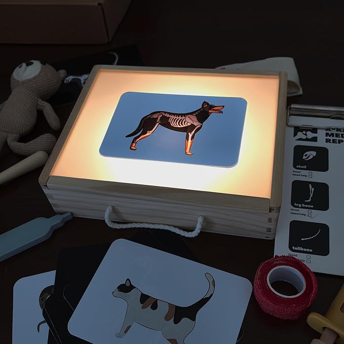 Doctor Kit for Toddlers 3-5, Pet Vet Pretend Play Toys for Kids, with X-Ray, Wooden Light Box, Medical Tools, STEM Educational Montessori Toys