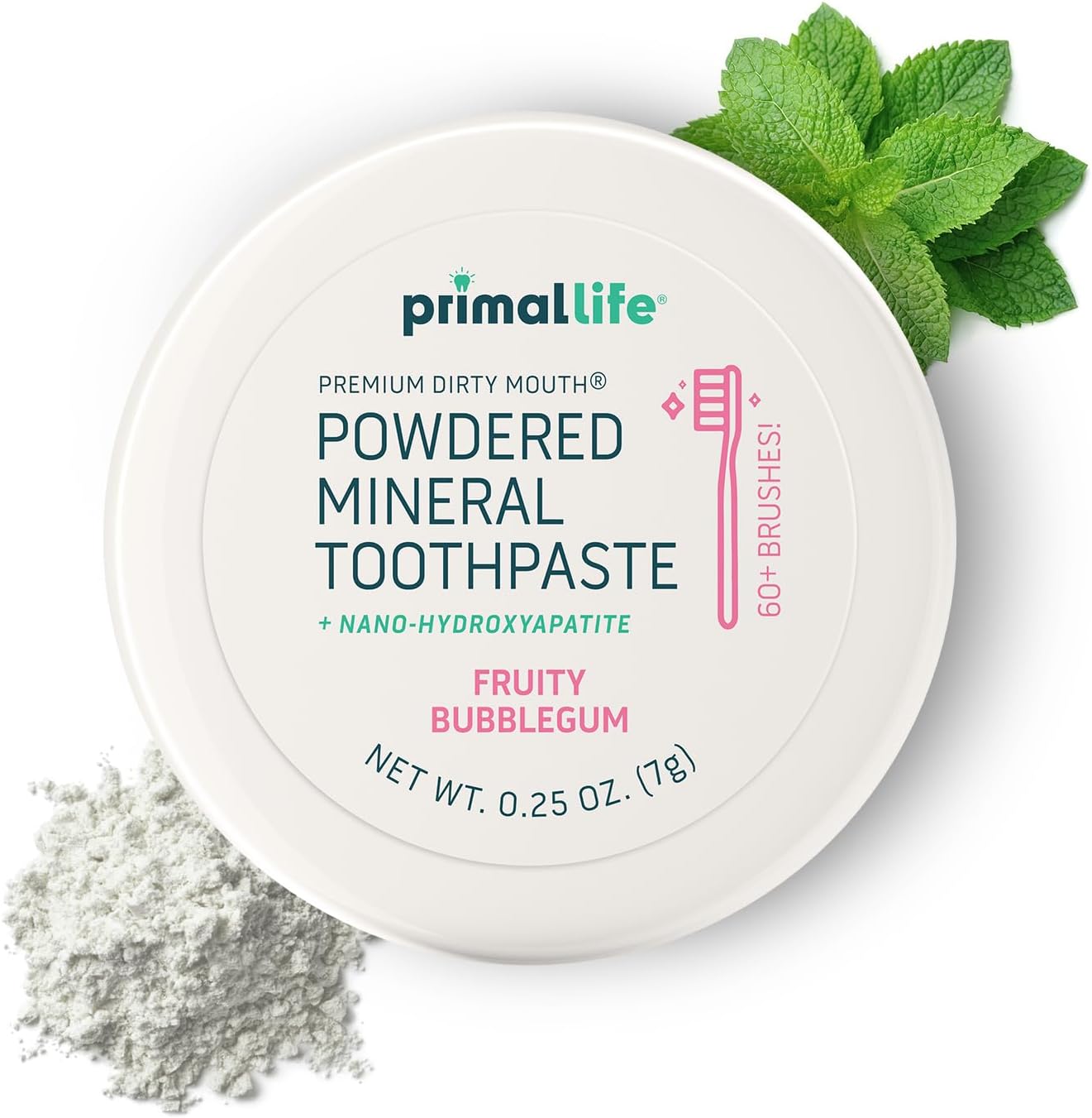 Primal Life Organics - Dirty Mouth Toothpowder, Tooth Cleaning Powder, Flavored Essential Oils with Natural Kaolin & Bentonite Clay, Good for 60+ Brushings, Organic, Vegan (Sweet Bubblegum, 0.25 oz)