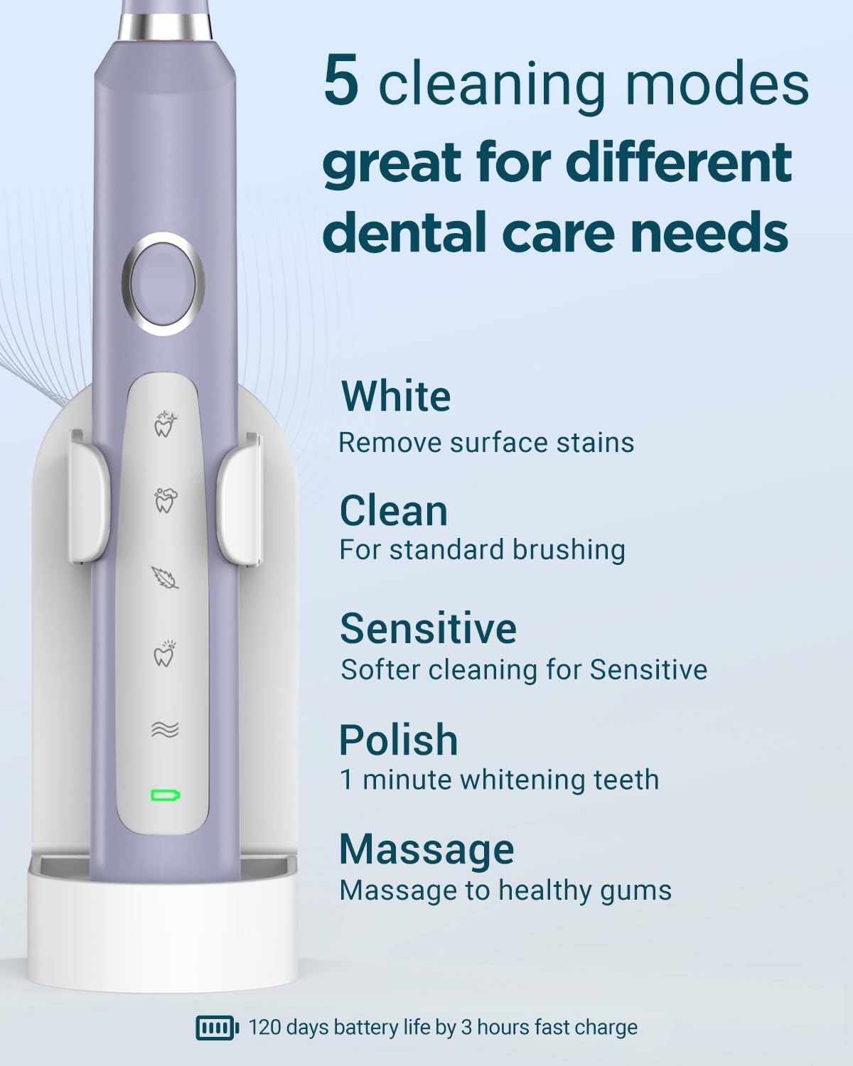 Rtauys M5 Sonic Electric Toothbrush for Adults and Kids - Rechargeable Electric Toothbrush Kids Ages 12+ and Adults with 8 Brush Heads & Travel Case, 120 Days Battery Life - Light Purple