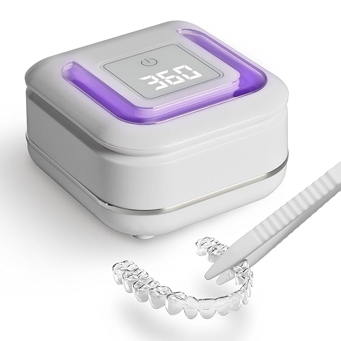Ultrasonic Retainer Cleaner Machine with 2 Digital Timer, U-V Dental Cleaning Pod with Viewing Port,180ml Portable Denture Cleaner for Mouth Guards, Night Guards, Aligners, Brace, Jewelry, 42kHz White