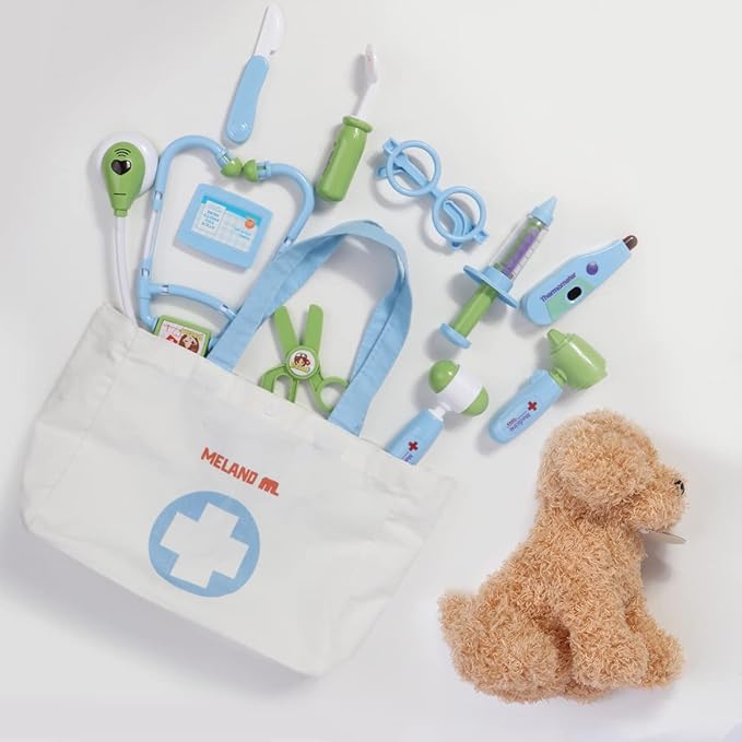 Meland Toy Doctor Kit for Kids - Pretend Play Doctor Set with Dog Toy, Carrying Bag, Stethoscope Toy & Dress Up Costume - Doctor Play Gift for Kids Toddlers Ages 3 4 5 6 Year Old for Role Play